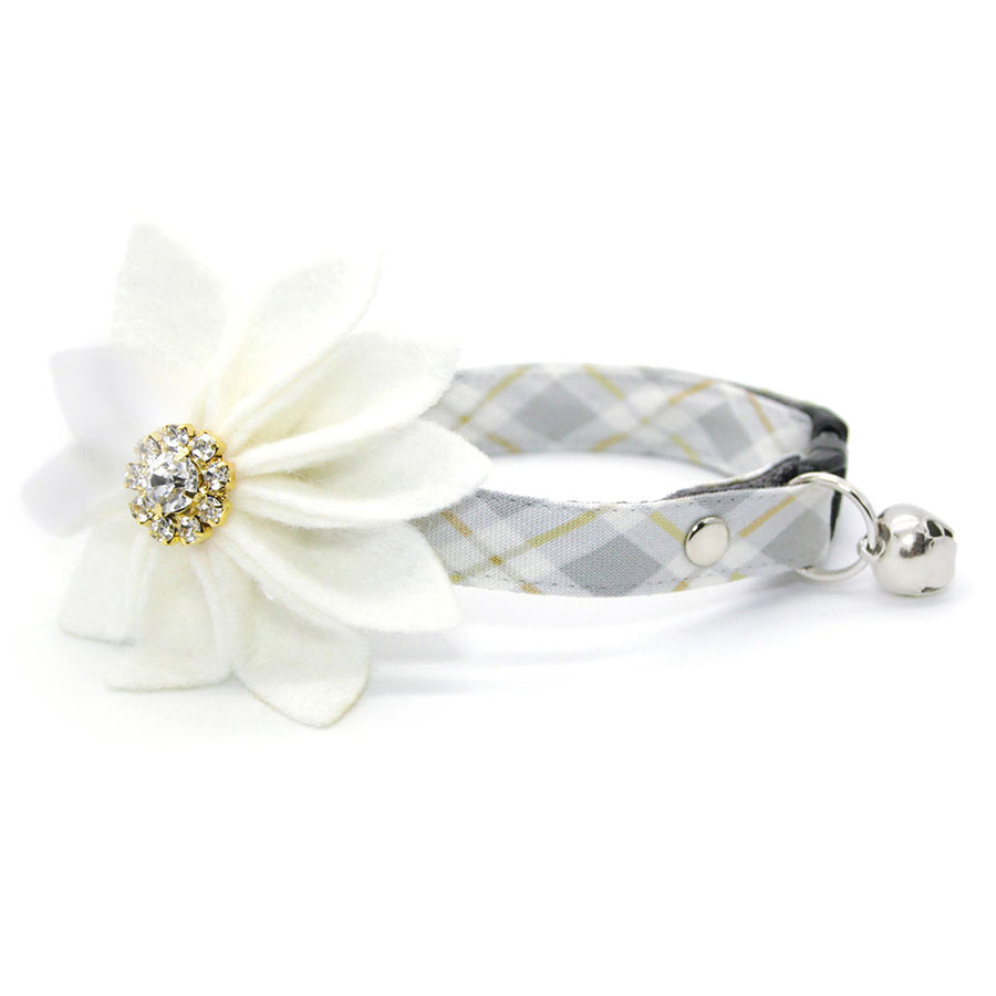 Cat Collar + Flower Set - "Earl Grey" - Light Gray Plaid Cat Collar + Specialty Elegance White Felt Flower (Detachable)