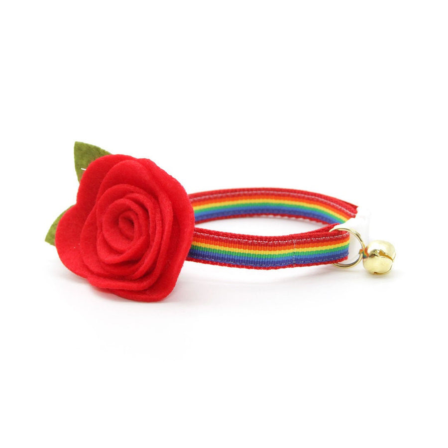Cat Collar + Flower Set - "Retro Rainbow" - Rainbow Cat Collar w/ Red Felt Flower (Detachable)
