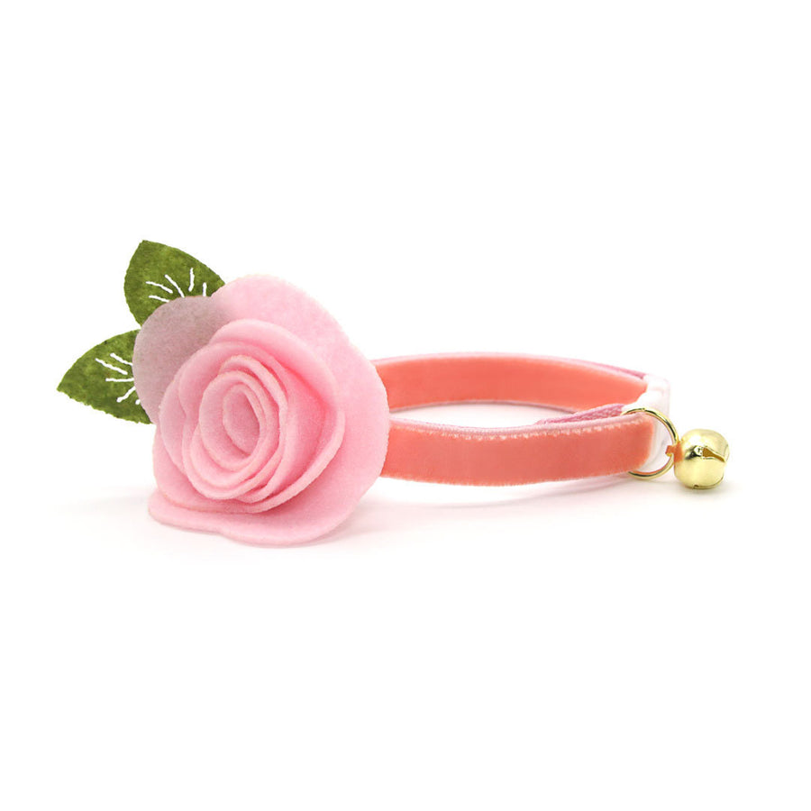 Cat Collar + Flower Set - "Velvet - Peach Coral Pink" - Velvet Cat Collar w/ Baby Pink Felt Flower (Detachable)