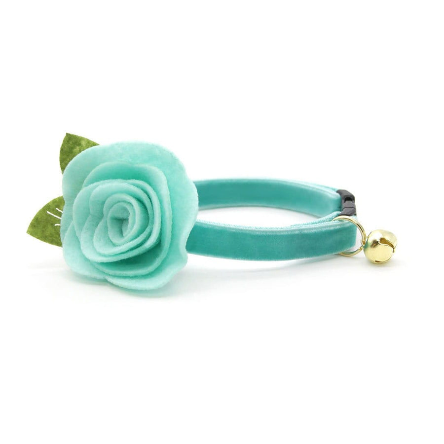 Cat Collar + Flower Set - "Velvet - Seafoam" - Light Turquoise Velvet Cat Collar w/ Mint Felt Flower (Detachable)