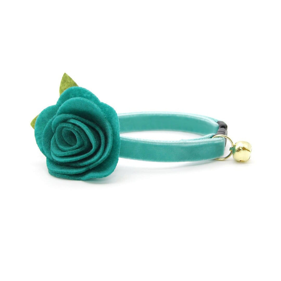 Cat Collar + Flower Set - "Velvet - Seafoam" - Light Turquoise Velvet Cat Collar w/ Teal Felt Flower (Detachable)