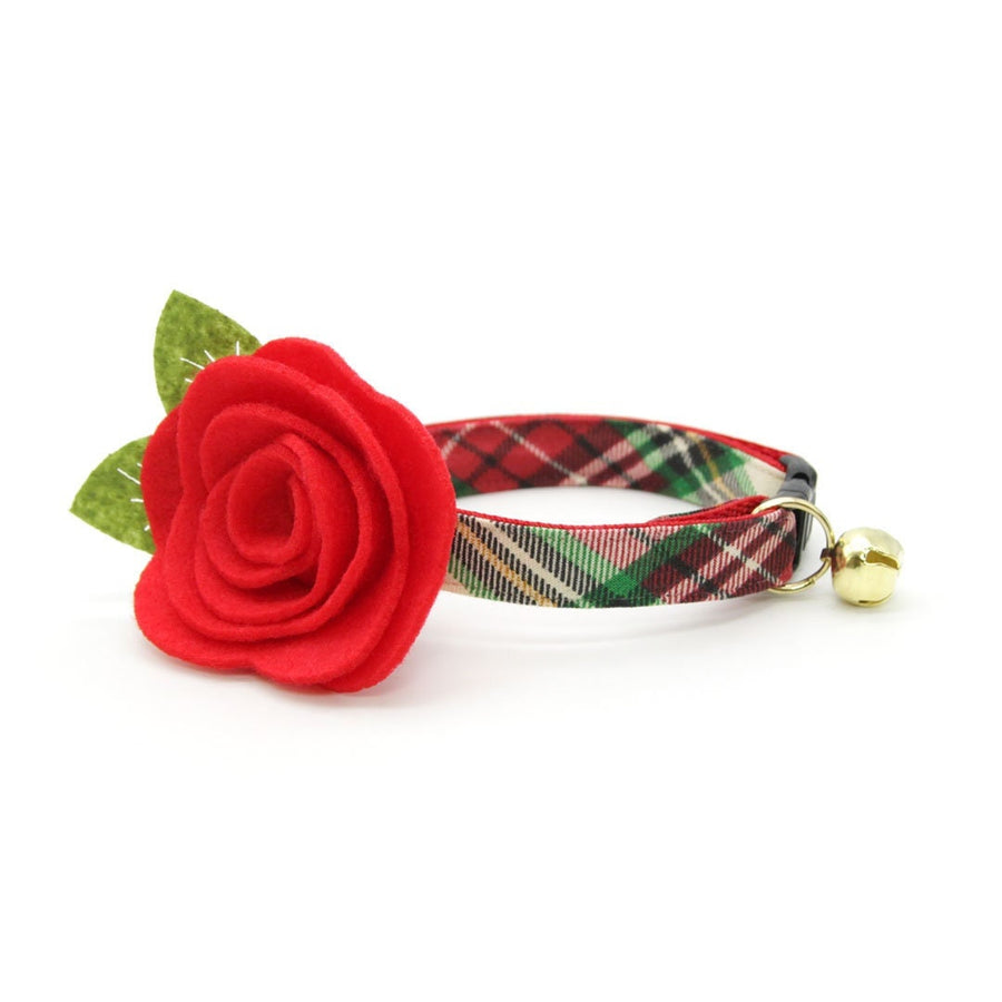 Cat Collar + Flower Set - "Birchwood" - Holiday Plaid Cat Collar w/ Scarlet Red Felt Flower (Detachable)