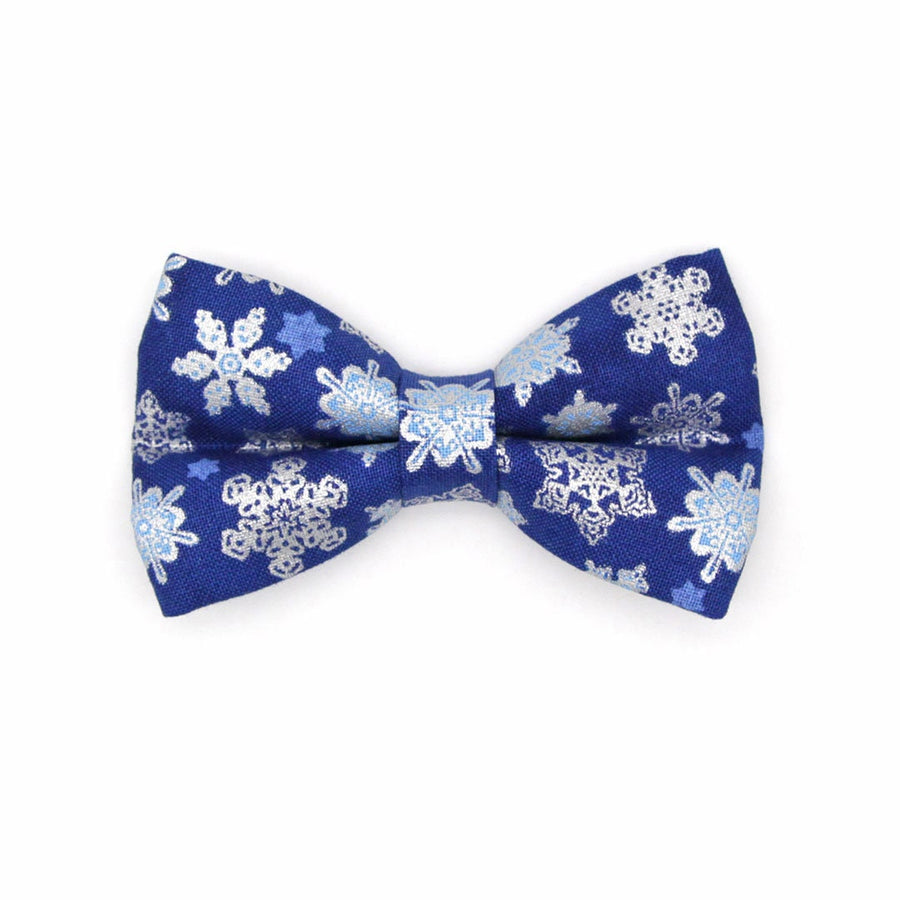 Pet Bow Tie - "Shimmering Snowflakes - Blue" - Metallic Silver & Blue Cat Bow Tie / Holiday, Winter Solstice / For Cats + Small Dogs (One Size)