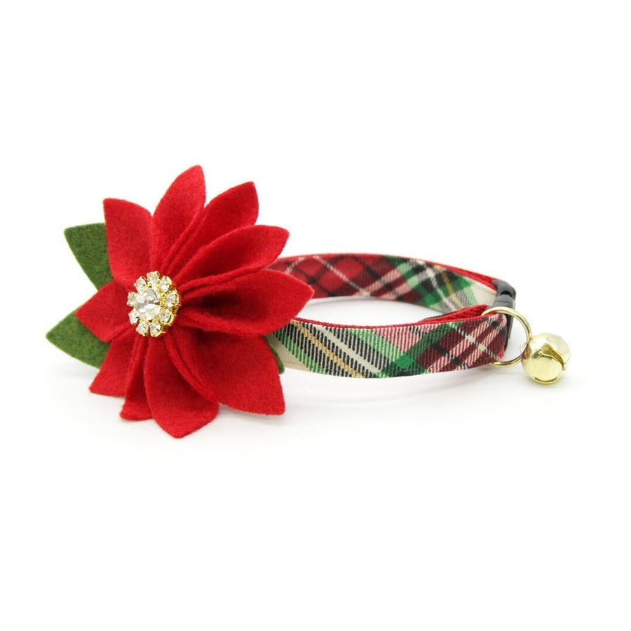 Cat Collar + Flower Set - "Birchwood" - Holiday Red & Green Plaid Cat Collar + Specialty Christmas Red Poinsettia Felt Flower (Detachable)