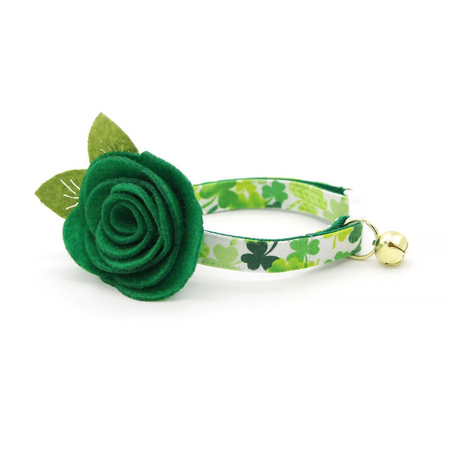 Cat Collar + Flower Set - "Shamrock Spirit" - St. Patrick's Day Cat Collar w/ Clover Green Felt Flower (Detachable)
