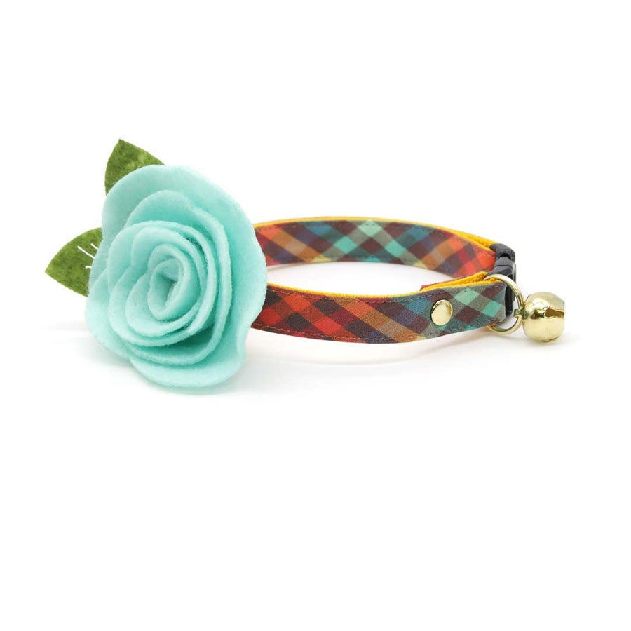 Cat Collar + Flower Set - "Campfire" - Smoky Plaid Cat Collar w/ Mint Felt Flower (Detachable)