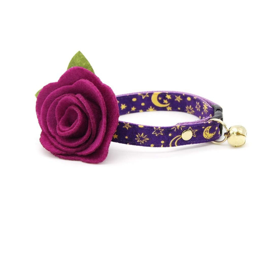 Cat Collar + Flower Set - "Moonlight - Purple" - Stars & Moon Cat Collar w/ Plum Felt Flower (Detachable)
