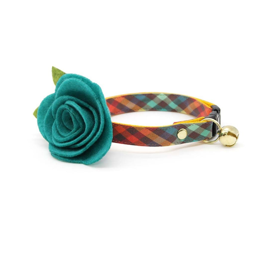Cat Collar + Flower Set - "Campfire" - Smoky Plaid Cat Collar w/ Teal Felt Flower (Detachable)