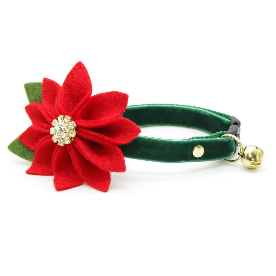 Cat Collar + Flower Set - "Velvet - Hunter Green" - Dark Green Velvet Cat Collar + Specialty Christmas Red Poinsettia Felt Flower (Detachable)