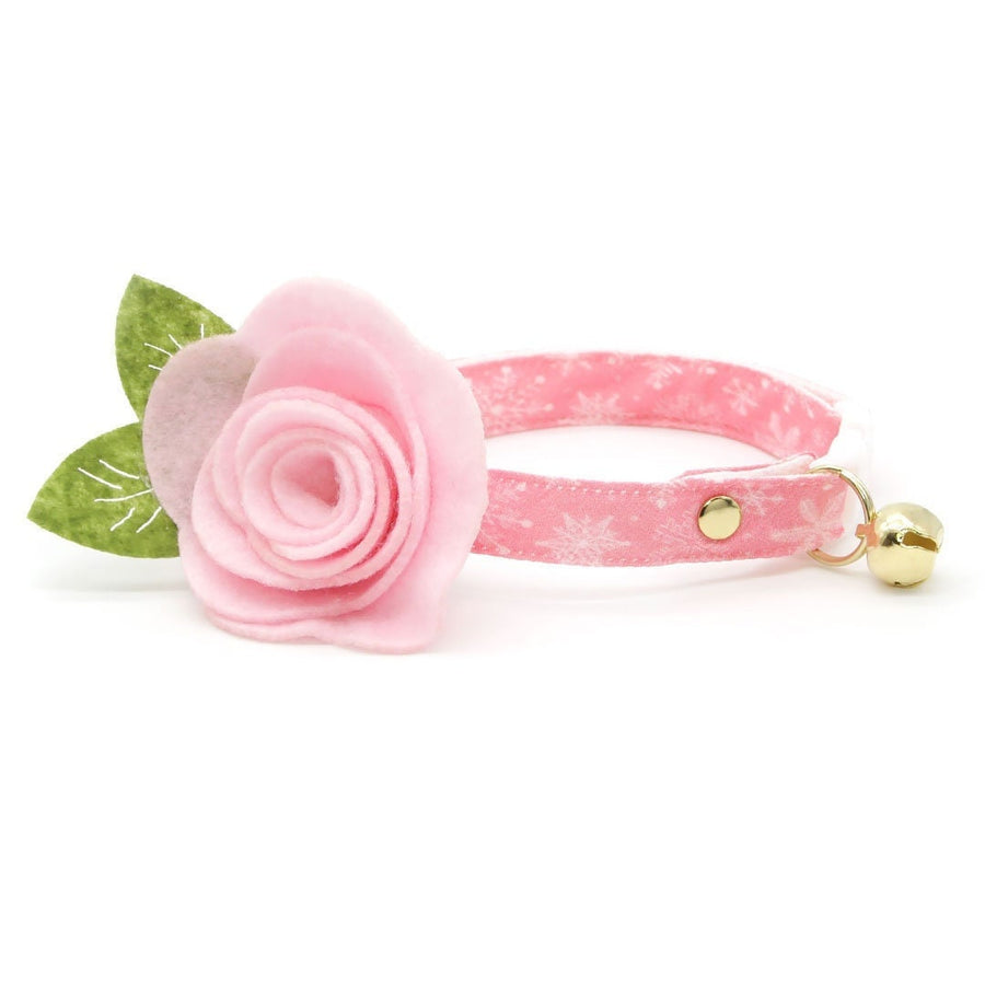 Cat Collar + Flower Set - "Snowflakes - Sugar Pink" - Snowflake Cat Collar w/ Baby Pink Felt Flower (Detachable)