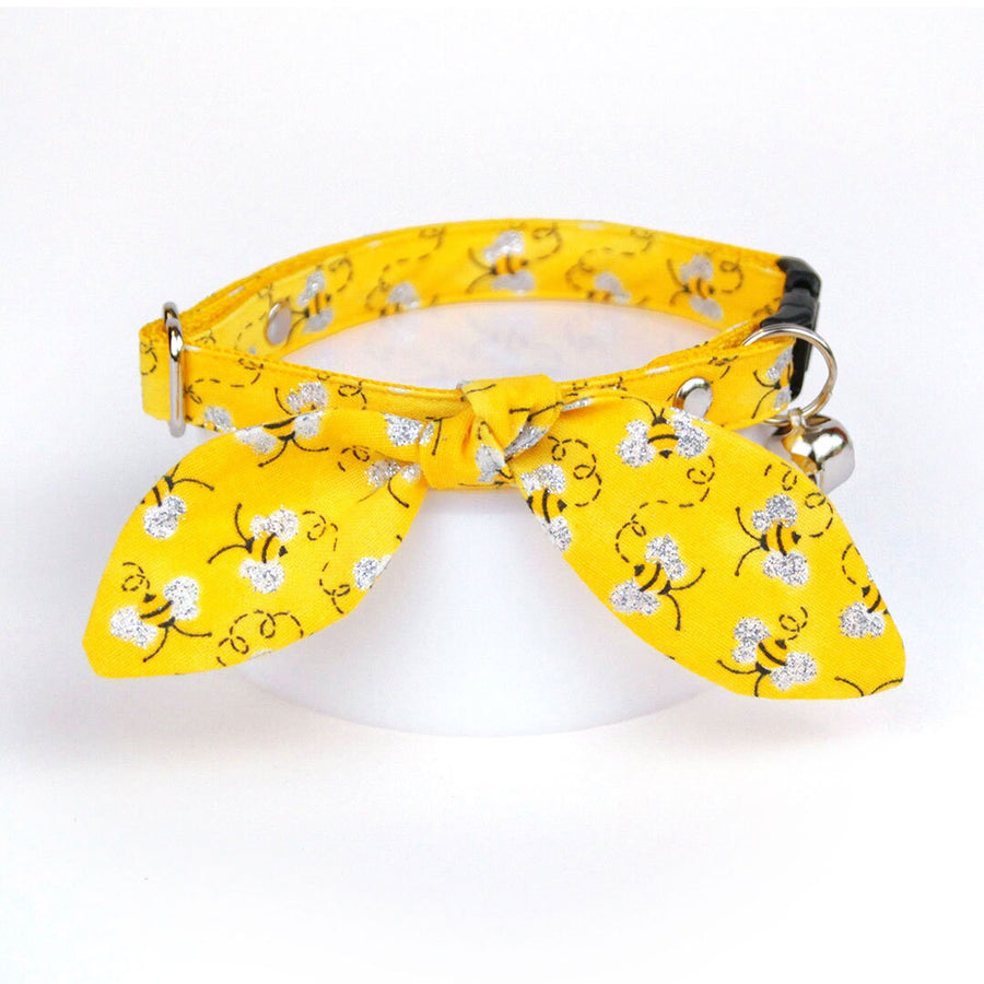 Cat Collar & Bunny Ear Bow Set - "Show Me The Honey" - Yellow Honey Bee Cat Collar with Matching Bunny Bow Tie / Cat, Kitten + Small Dog Sizes