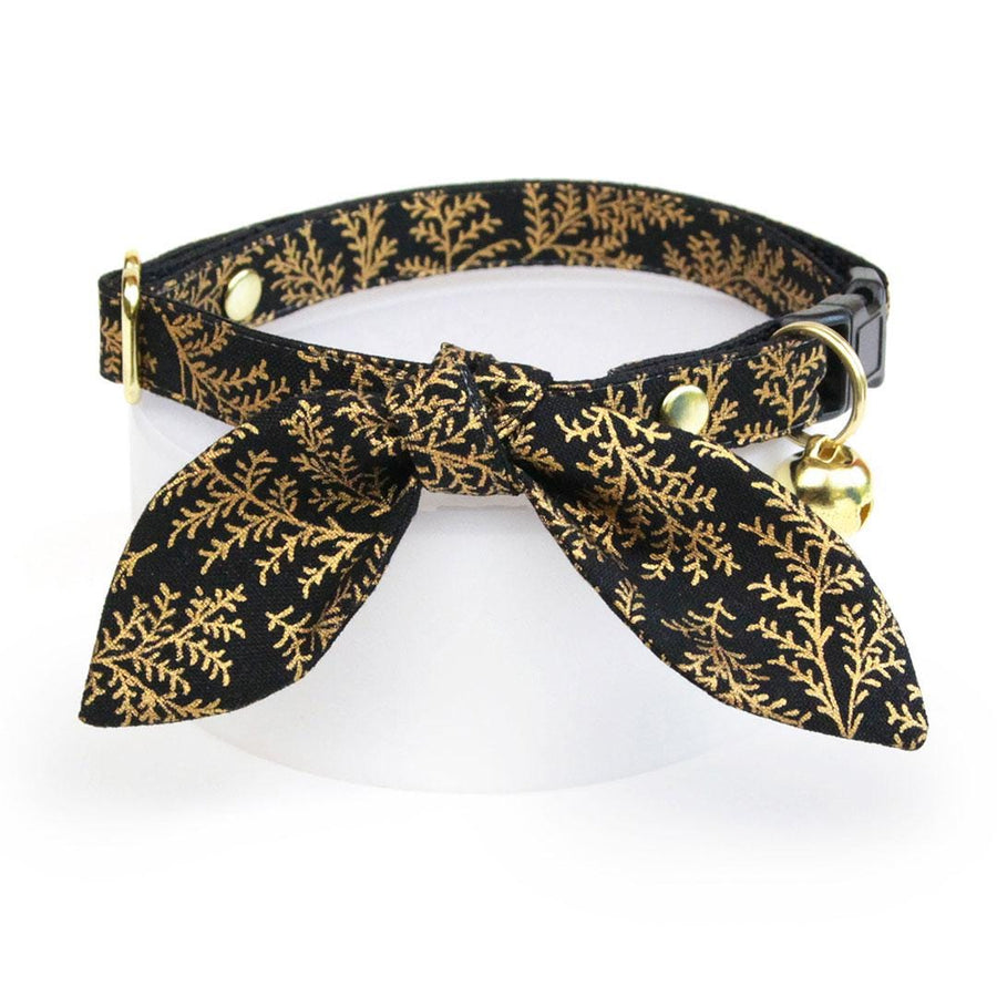 Cat Collar & Bunny Ear Bow Set - "Black Forest" - Gold Pine Branches on Black Cat Collar w/ Matching Bunny Bow Tie / Fall, Winter, Holiday, New Year / Cat, Kitten + Small Dog Sizes
