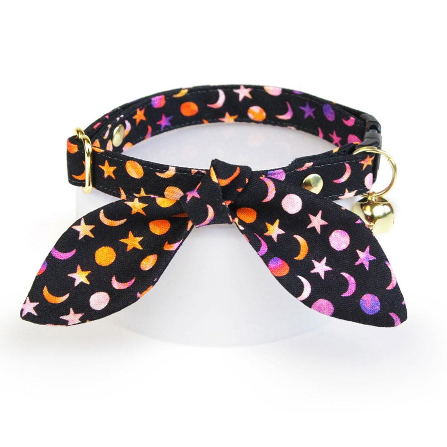Cat Collar & Bunny Ear Bow Set - "Cosmic" - Celestial Stars and Moon Cat Collar w/ Matching Bunny Bow Tie / Halloween, Witchy, Moon Phases, Night Sky, Space / Cat, Kitten + Small Dog Sizes