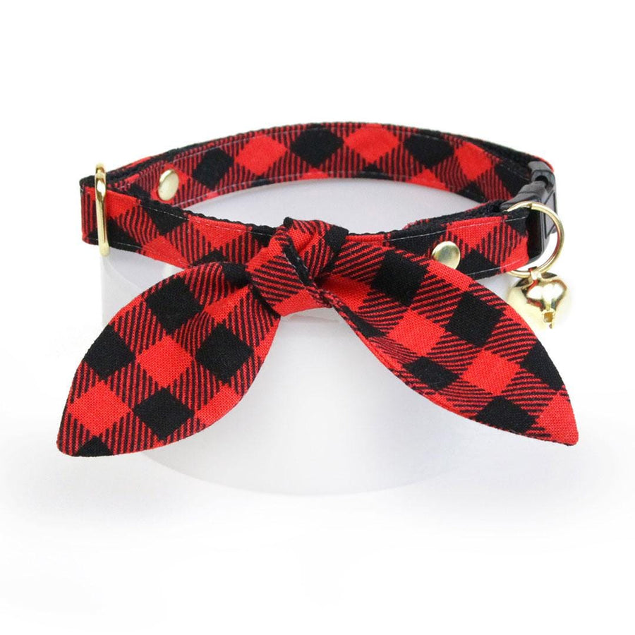 Cat Collar & Bunny Ear Bow Set - "Cozy Cabin Red" - Red Buffalo Plaid Cat Collar w/ Matching Bunny Bow Tie / Fall, Winter, Holiday / Cat, Kitten + Small Dog Sizes