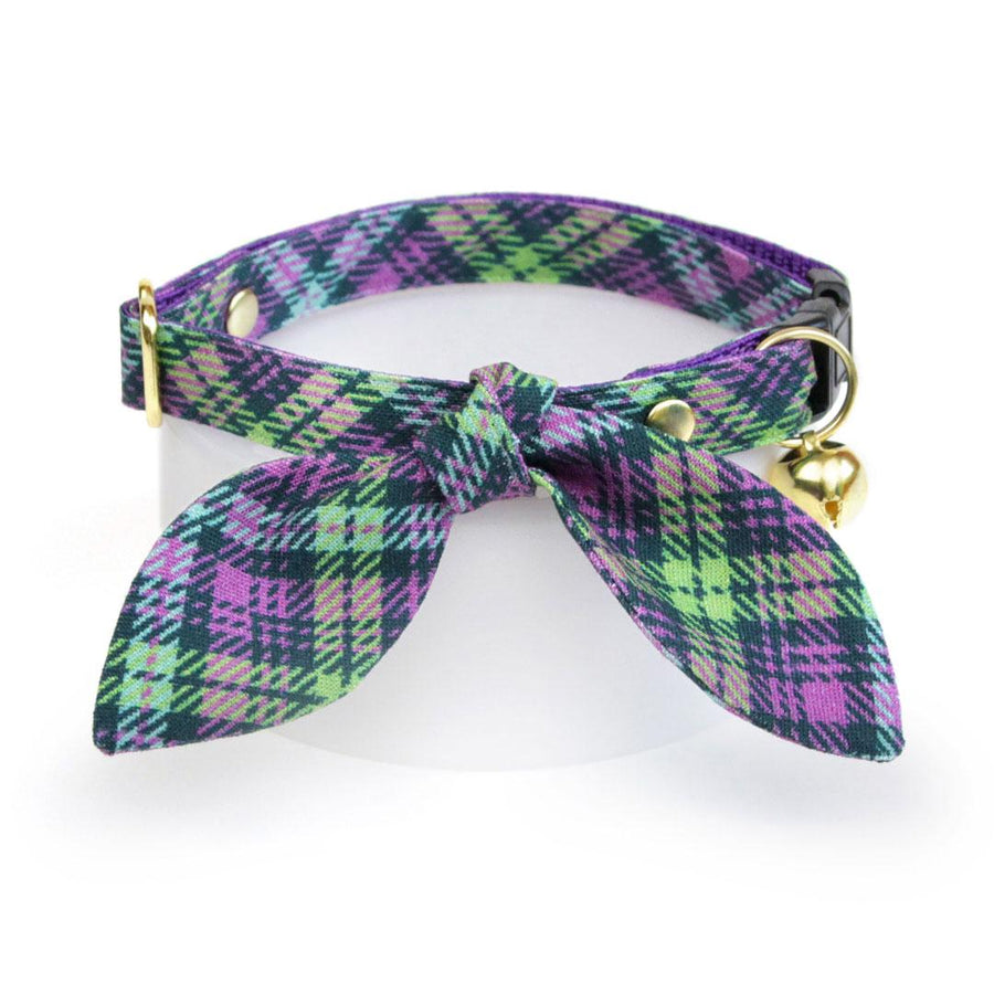 Cat Collar & Bunny Ear Bow Set - "Morgan Le Fey" - Purple Plaid Cat Collar w/ Matching Bunny Bow Tie / Cat, Kitten + Small Dog Sizes