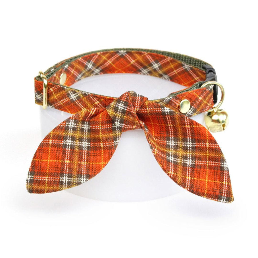 Cat Collar & Bunny Ear Bow Set - "Pecan Praline" - Autumn Orange Plaid Cat Collar w/ Matching Bunny Bow Tie / Fall + Thanksgiving / Cat, Kitten + Small Dog Sizes