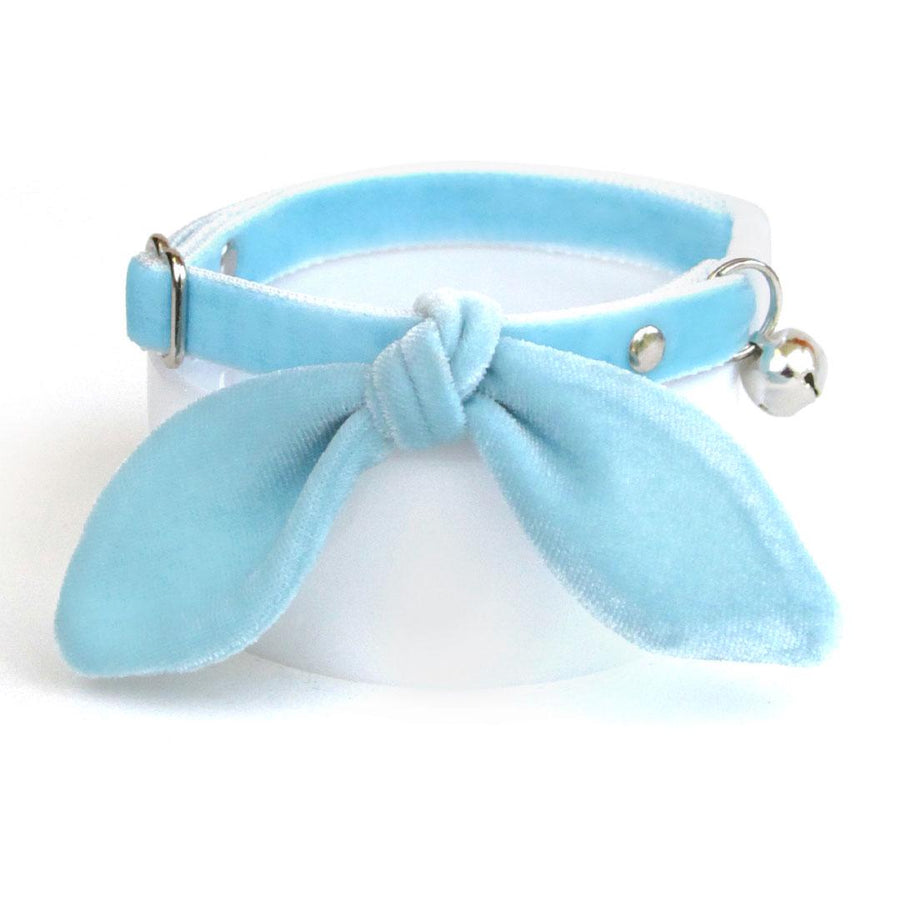 Cat Collar & Bunny Ear Bow Set - "Velvet - Frosty Blue" - Light Blue Velvet Cat Collar w/ Matching Bunny Bow Tie / Wedding + Birthday / Cat, Kitten + Small Dog Sizes
