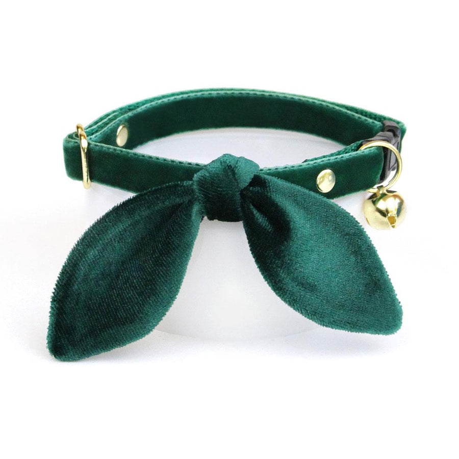 Cat Collar & Bunny Ear Bow Set - "Velvet - Hunter Green" - Dark Green Velvet Cat Collar w/ Matching Bunny Bow Tie / Christmas, Holiday, Wedding + Birthday / Cat, Kitten + Small Dog Sizes