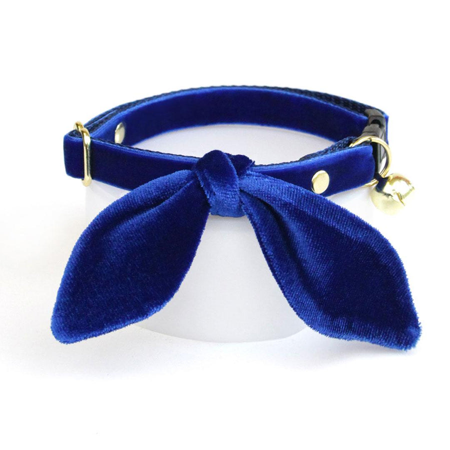 Cat Collar & Bunny Ear Bow Set - "Velvet - Sapphire Blue" - Luxe Cobalt Blue Velvet Cat Collar w/ Matching Bunny Bow Tie / Wedding + Birthday / Cat, Kitten + Small Dog Sizes