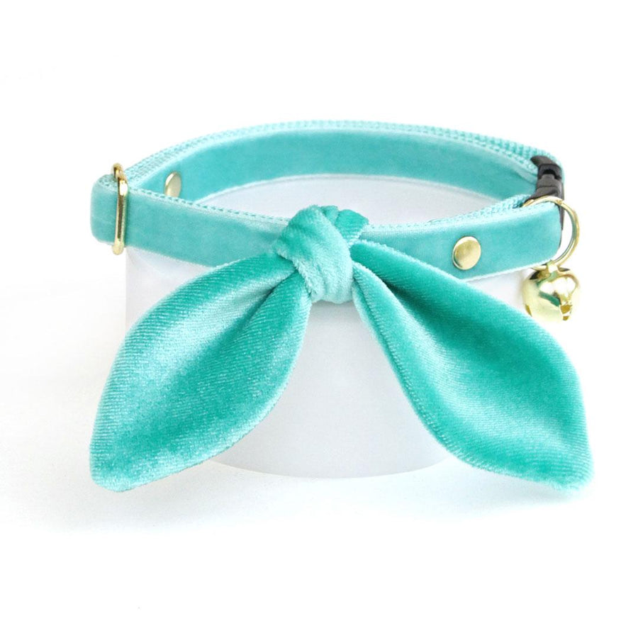 Cat Collar & Bunny Ear Bow Set - "Velvet - Seafoam" - Turquoise / Robin's Egg Mint Velvet Cat Collar w/ Matching Bunny Bow Tie / Wedding + Birthday / Cat, Kitten + Small Dog Sizes