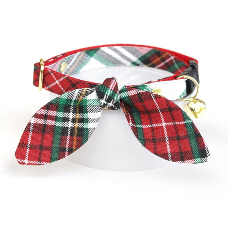 Cat Collar & Bunny Ear Bow Set - "Birchwood" - Red Green White Holiday Plaid Cat Collar w/ Matching Bunny Bow Tie / Christmas / Cat, Kitten + Small Dog Sizes
