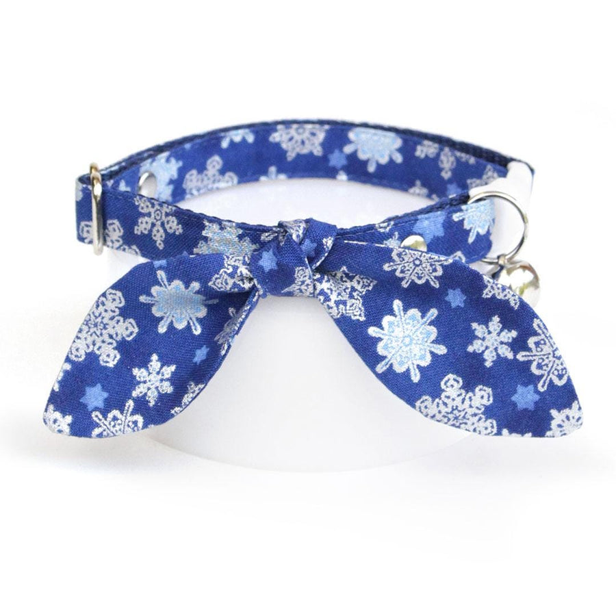 Cat Collar & Bunny Ear Bow Set - "Shimmering Snowflakes - Blue" - Silver & Blue Winter Holiday Cat Collar w/ Matching Bunny Bow Tie / Solstice / Cat, Kitten + Small Dog Sizes