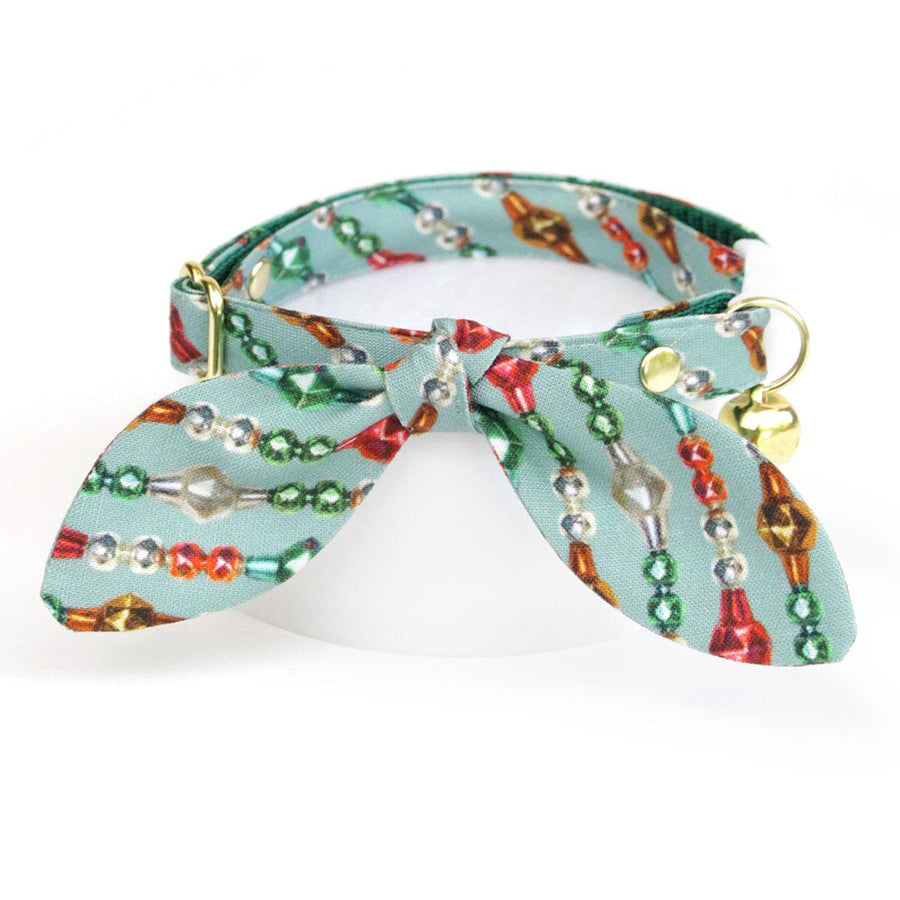 Cat Collar & Bunny Ear Bow Set - "Glittering Garland" - Jeweled Mint Vintage String Beads Cat Collar w/ Matching Bunny Bow Tie / Christmas, Holiday, Roaring 20s / Cat, Kitten + Small Dog Sizes