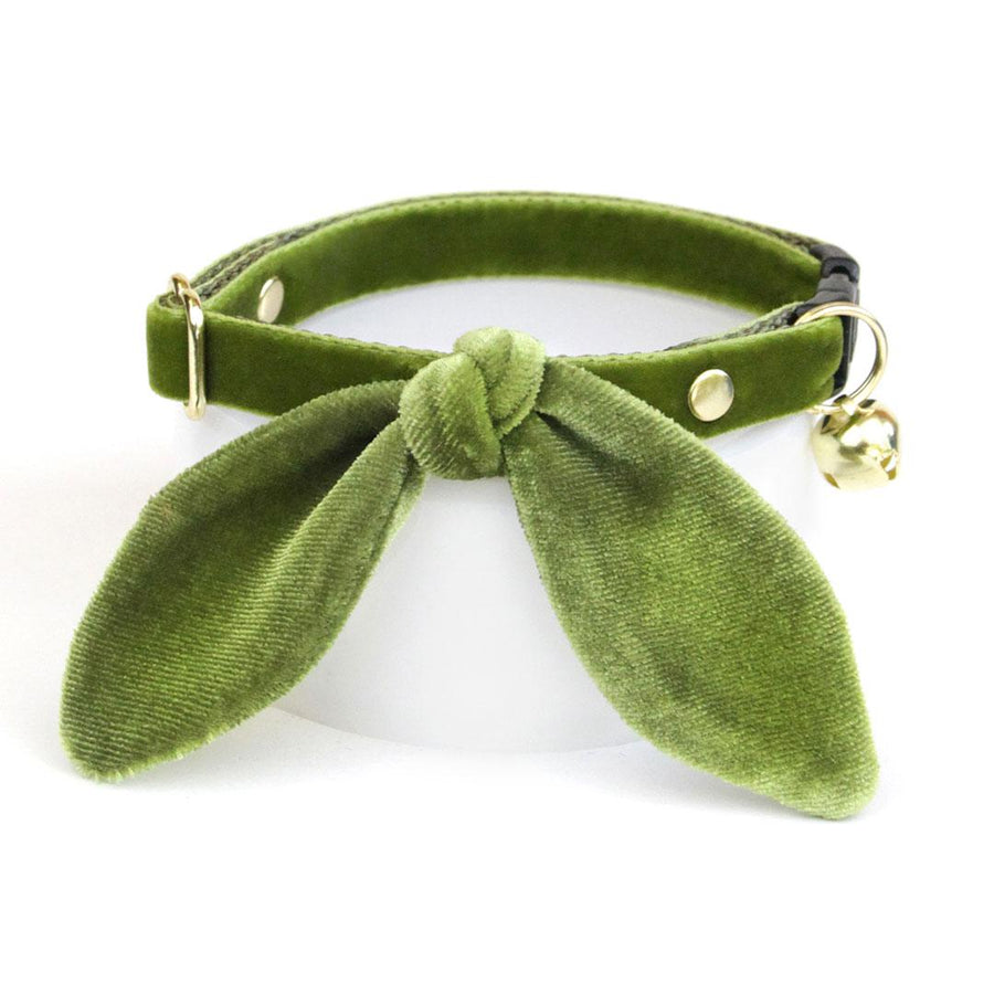 Cat Collar & Bunny Ear Bow Set - "Velvet - Leaf Green" - Chartreuse Green Velvet Cat Collar w/ Matching Bunny Bow Tie / Fall, Holiday, Wedding + Birthday / Cat, Kitten + Small Dog Sizes