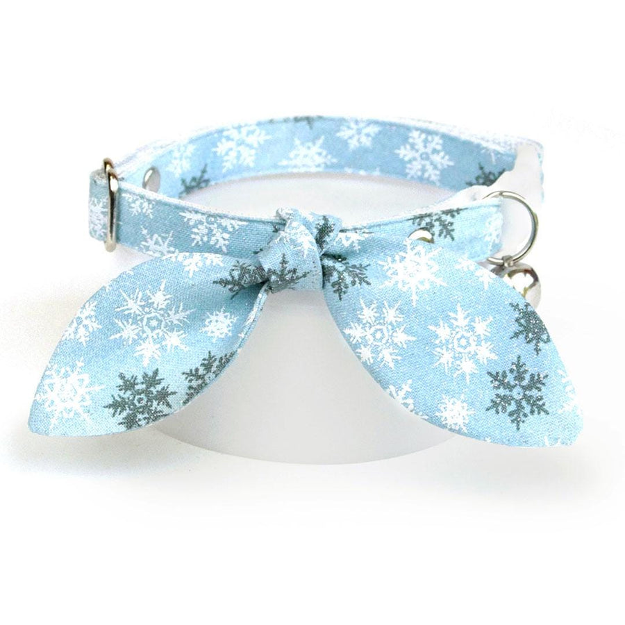 Cat Collar & Bunny Ear Bow Set - "Snowflakes - Frosty Blue" - Light Blue Snow Winter Cat Collar w/ Matching Bunny Bow Tie / Christmas, Holiday / Cat, Kitten + Small Dog Sizes