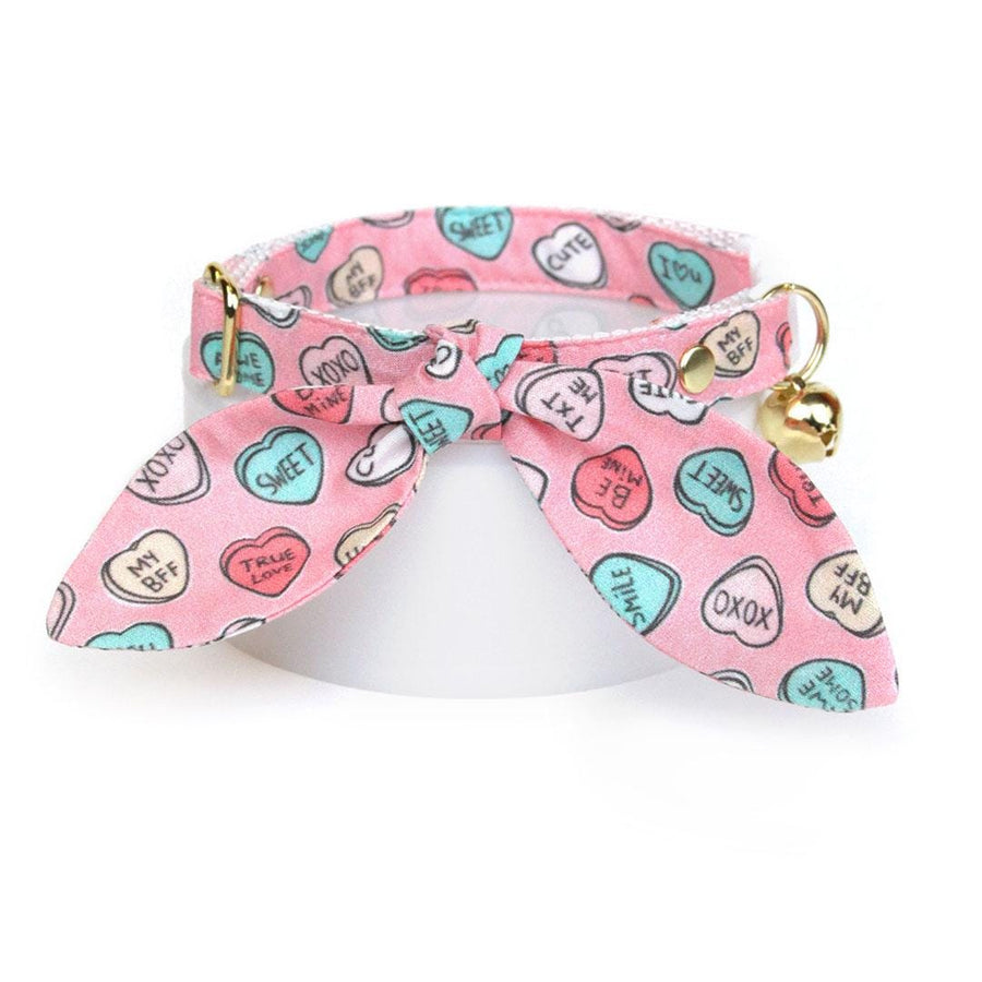 Cat Collar & Bunny Ear Bow Set - "Conversation Hearts - Pink" - Valentine's Day Candy Hearts Cat Collar w/ Matching Bunny Bow Tie / Tie-On Scarf / Cat, Kitten + Small Dog Sizes