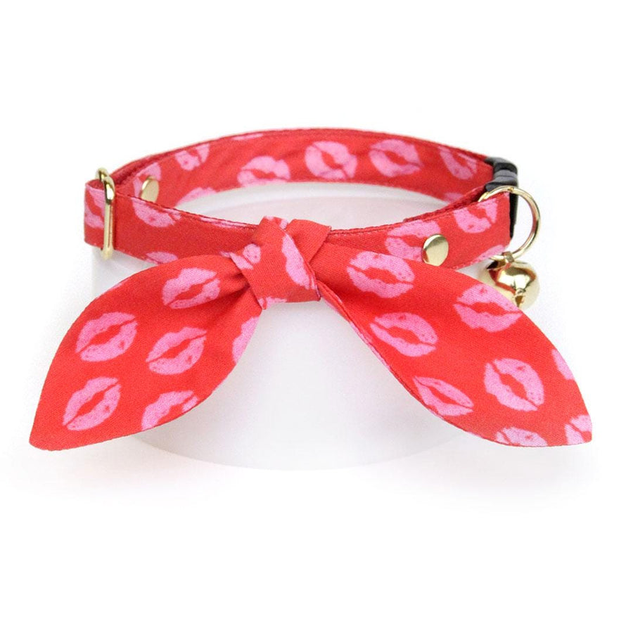 Cat Collar & Bunny Ear Bow Set - "Pucker Up" - Valentine's Day Red & Pink Lipstick Kiss Cat Collar w/ Matching Bunny Bow Tie / Tie-On Scarf / Cat, Kitten + Small Dog Sizes