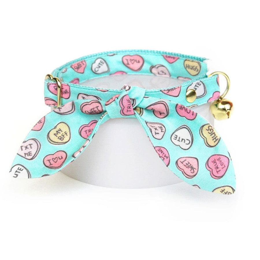 Cat Collar & Bunny Ear Bow Set - "Conversation Hearts - Mint" - Valentine's Day Candy Hearts Cat Collar w/ Matching Bunny Bow Tie / Tie-On Scarf / Cat, Kitten + Small Dog Sizes