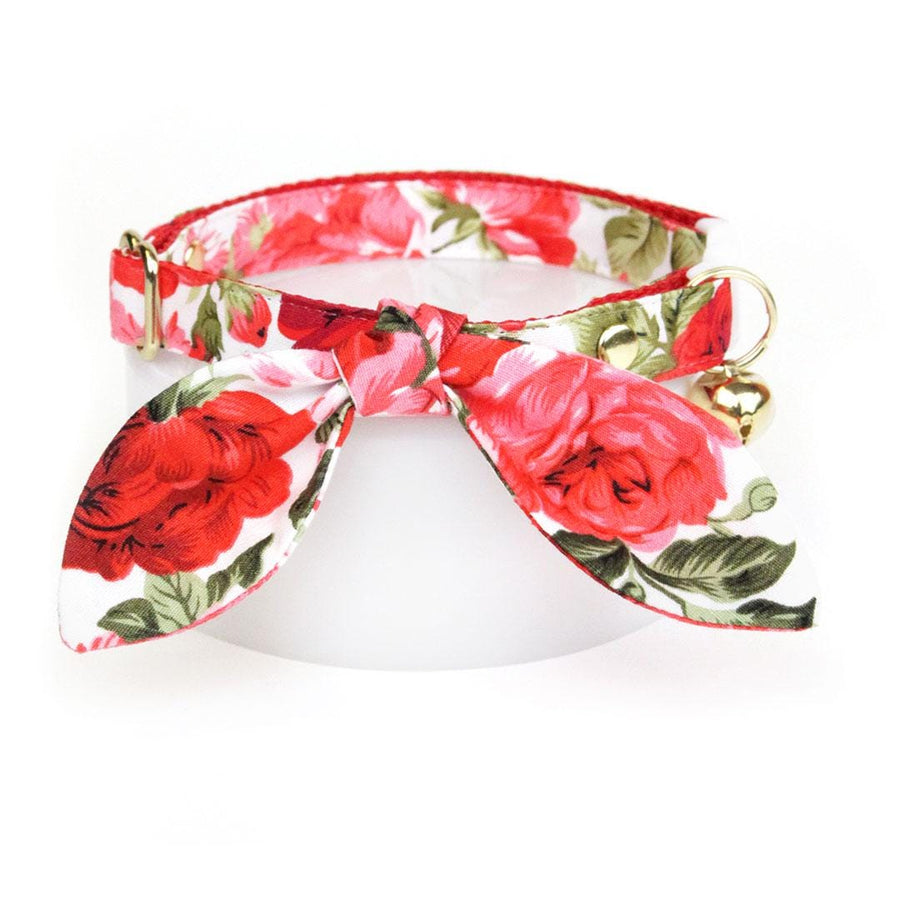 Cat Collar & Bunny Ear Bow Set - "Roses" - Red Floral Rose Cat Collar w/ Matching Bunny Bow Tie / Tie-On Scarf / Cat, Kitten + Small Dog Sizes