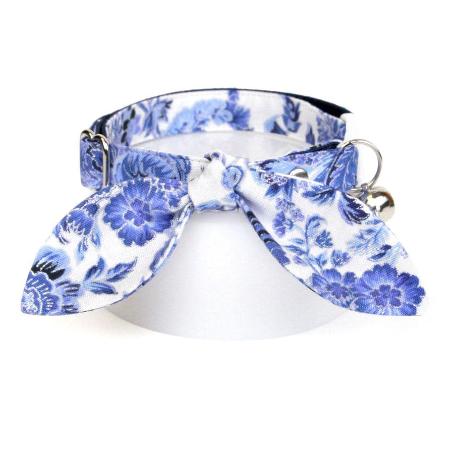 Cat Collar & Bunny Ear Bow Set - "Porcelain Paisley" - Blue Floral Cat Collar w/ Matching Bunny Bow Tie / Tie-On Scarf / Cat, Kitten + Small Dog Sizes