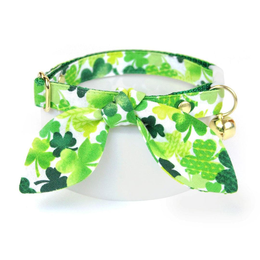 Cat Collar & Bunny Ear Bow Set - "Shamrock Spirit" - Green & White Clover Cat Collar w/ Matching Bunny Bow Tie / St. Patrick's Day, Irish / Tie-On Scarf / Cat, Kitten + Small Dog Sizes