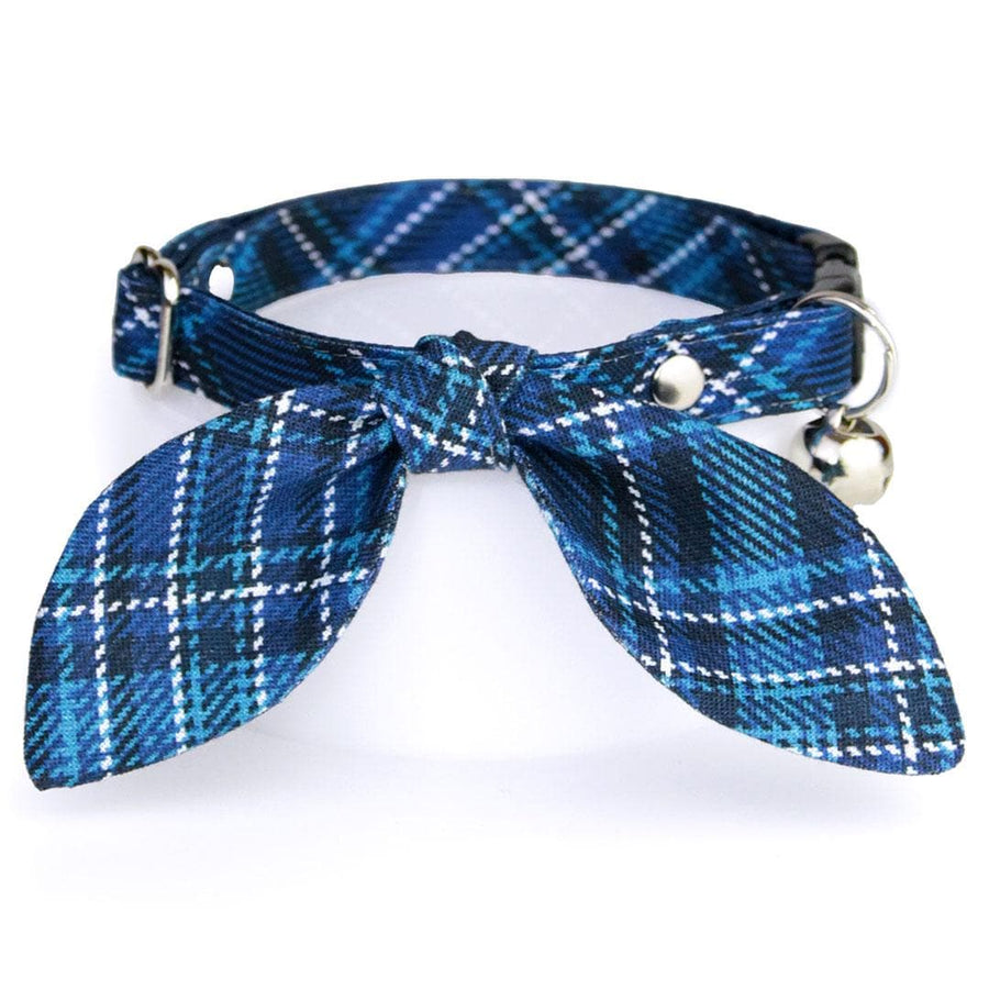 Cat Collar & Bunny Ear Bow Set - "Echo Peak" - Plaid Dark Blue Cat Collar w/ Matching Bunny Bow Tie / Fall & Winter / Tie-On Scarf / Cat, Kitten + Small Dog Sizes