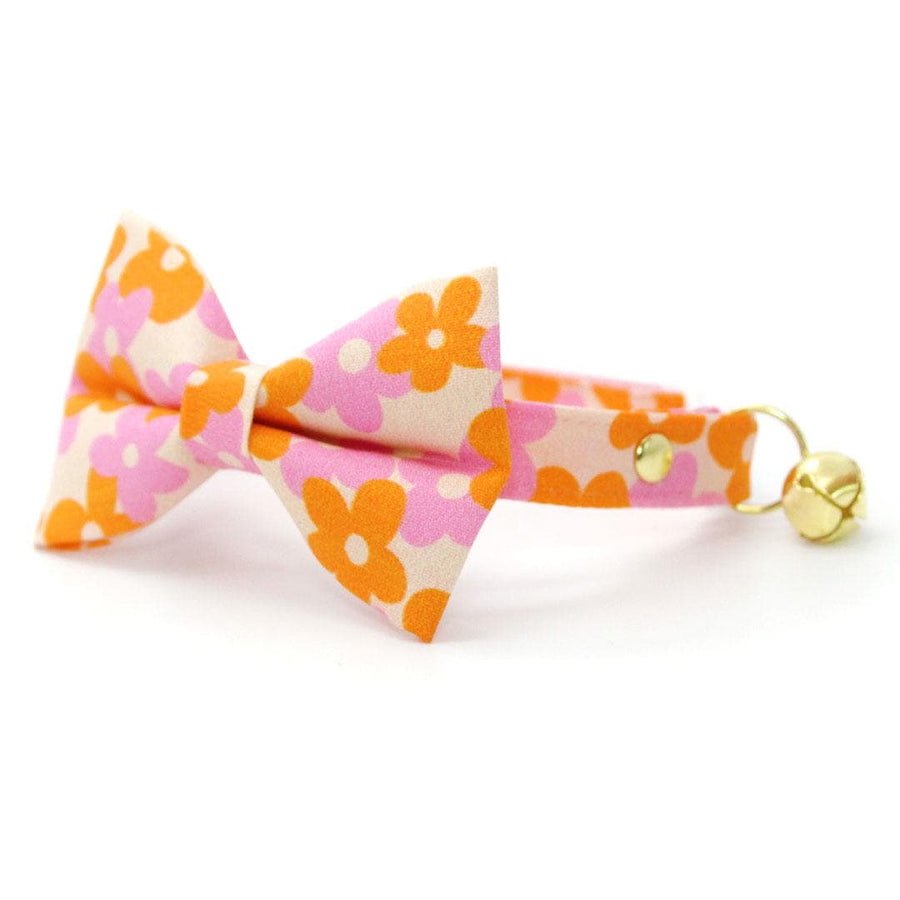 Bow Tie Cat Collar Set - "Petal Pop" - Groovy Retro Orange Pink Floral Cat Collar with Bow Tie / Fall, Spring, Summer / Cat, Kitten, Small Dog Sizes