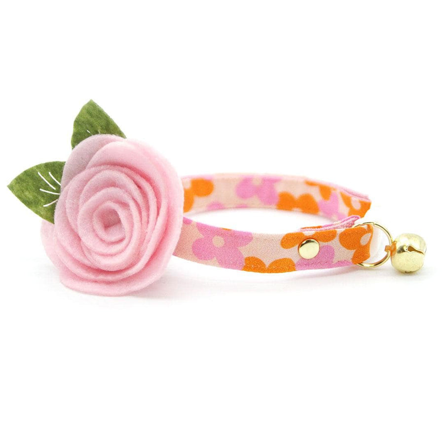 Cat Collar + Flower Set - "Petal Pop" - Groovy Floral Pink Cat Collar w/ Baby Pink Felt Flower (Detachable) / Cat, Kitten + Small Dog Sizes