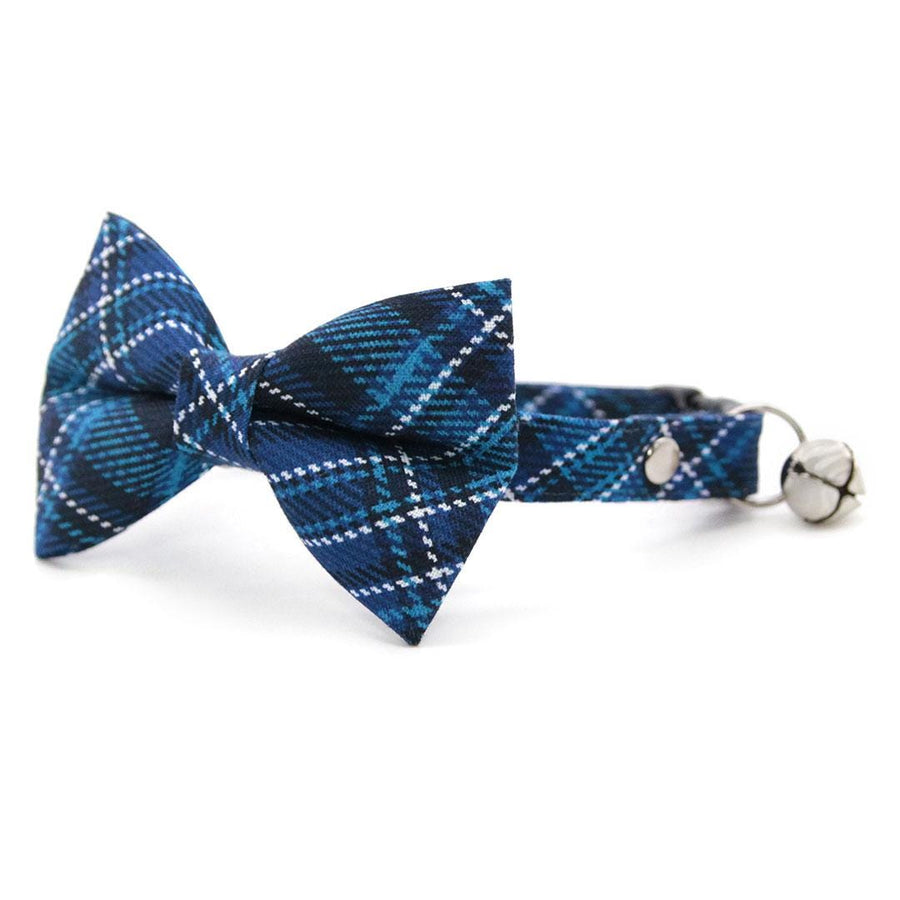 Bow Tie Cat Collar Set - "Echo Peak" - Plaid Blue Cat Collar with Bow Tie / Fall, Winter, Boy Cat, Masculine / Cat, Kitten, Small Dog Sizes