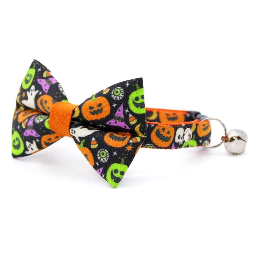 Halloween Bow Tie Cat Collar Set - "Creepy Cuties" - Fun Spooky Jackolantern & Ghost Cat Collar with Bow Tie / Cat, Kitten, Small Dog Sizes