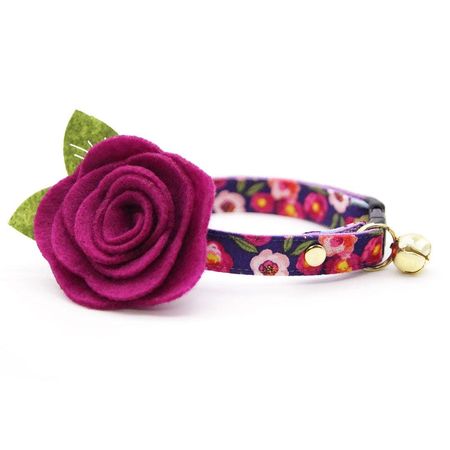 Cat Collar + Flower Set - "Plum Blossom" - Purple Floral Cat Collar w/ Plum Purple Felt Flower (Detachable) / Cat, Kitten + Small Dog Sizes