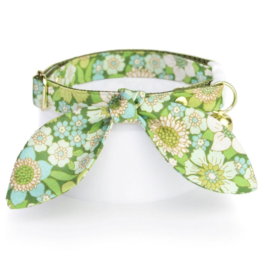 Cat Collar & Bunny Ear Bow Set - "Sage Garden" - Floral Green Cat Collar w/ Matching Bunny Bow Tie / Retro, Vintage 60s / Tie-On Scarf / Cat, Kitten + Small Dog Sizes