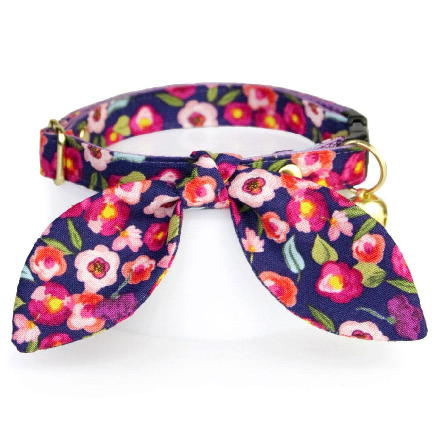 Cat Collar & Bunny Ear Bow Set - "Plum Blossom" - Floral Purple Cat Collar w/ Matching Bunny Bow Tie / Tie-On Scarf / Cat, Kitten + Small Dog Sizes