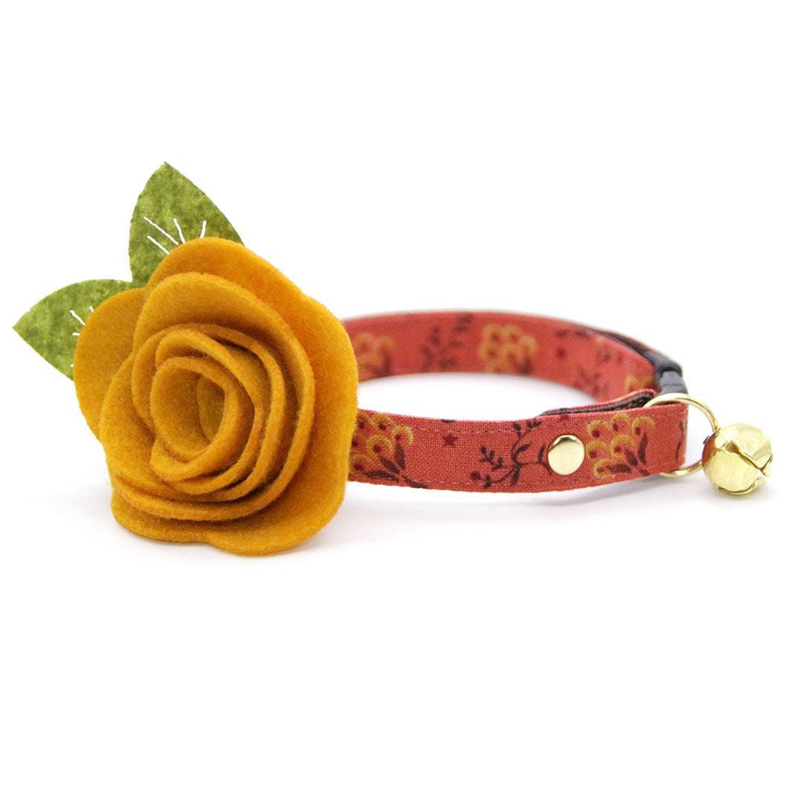 Cat Collar + Flower Set - "Prairie Bloom" - Rust Red Cat Collar w/ Mustard Felt Flower (Detachable) / Cat, Kitten + Small Dog Sizes