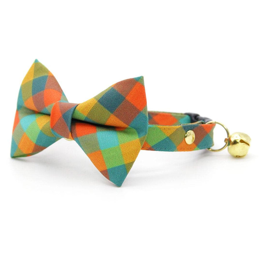 Bow Tie Cat Collar Set - "Twilight Timber" - Green, Teal & Orange Cabincore Plaid Cat Collar with Bow Tie / Fall, Camping, Thanksgiving / Cat, Kitten, Small Dog Sizes