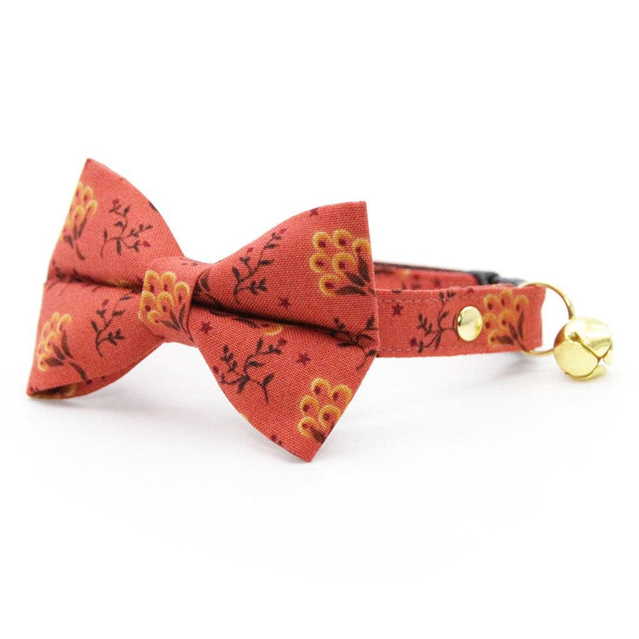 Bow Tie Cat Collar Set - "Prairie Bloom" - Rust Red Cat Collar with Bow Tie / Fall, Thanksgiving, Cottagecore / Cat, Kitten, Small Dog Sizes