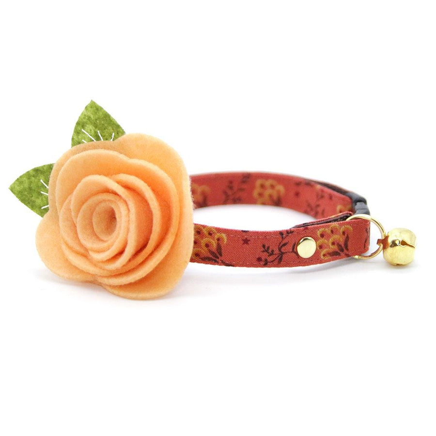 Cat Collar + Flower Set - "Prairie Bloom" - Rust Red Cat Collar w/ Peach Felt Flower (Detachable) / Cat, Kitten + Small Dog Sizes