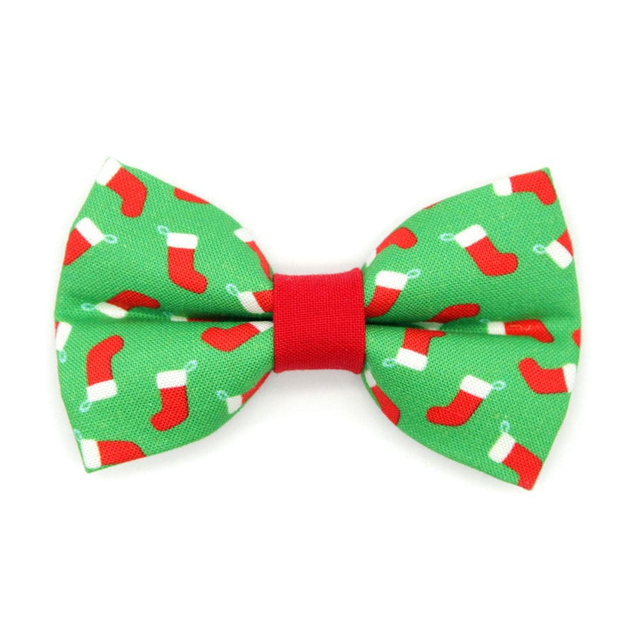 Holiday Cat Bow Tie - "Christmas Stockings" - Red Socks on Green Bow Tie for Cat Collar / Cat, Kitten + Small Dog Bowtie