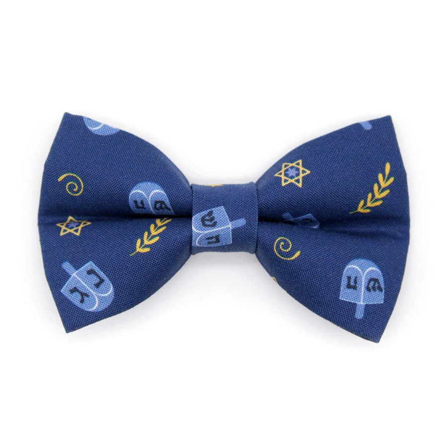 Hanukkah Cat Bow Tie - "Dreidels" - Jewish Blue & Gold Bow Tie for Cat Collar / Chanukah, Hebrew / Cat, Kitten + Small Dog Bowtie