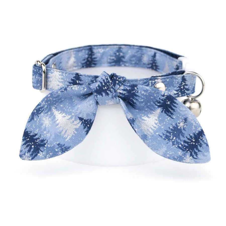 Cat Collar and Bunny Ear Bow Set - "Blue Spruce" - Snowy Winter Forest Cat Collar w/ Matching Bunny Bow Tie / Tie-On Scarf / Solstice / Cat, Kitten + Small Dog Sizes
